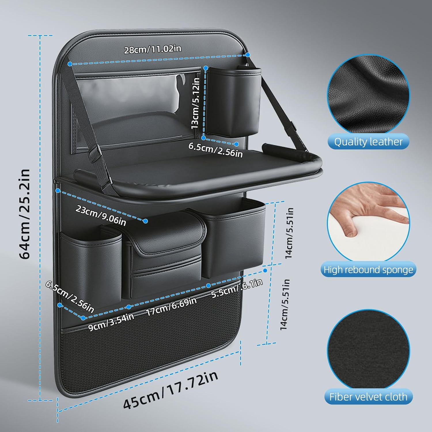 2-Pack Foldable Leather Car Backseat Organizer with Table Tray, Kick Mats & Tablet Holder, Durable Seat Protector & Multi-Pocket Storage for Kids, Pets & Accessories