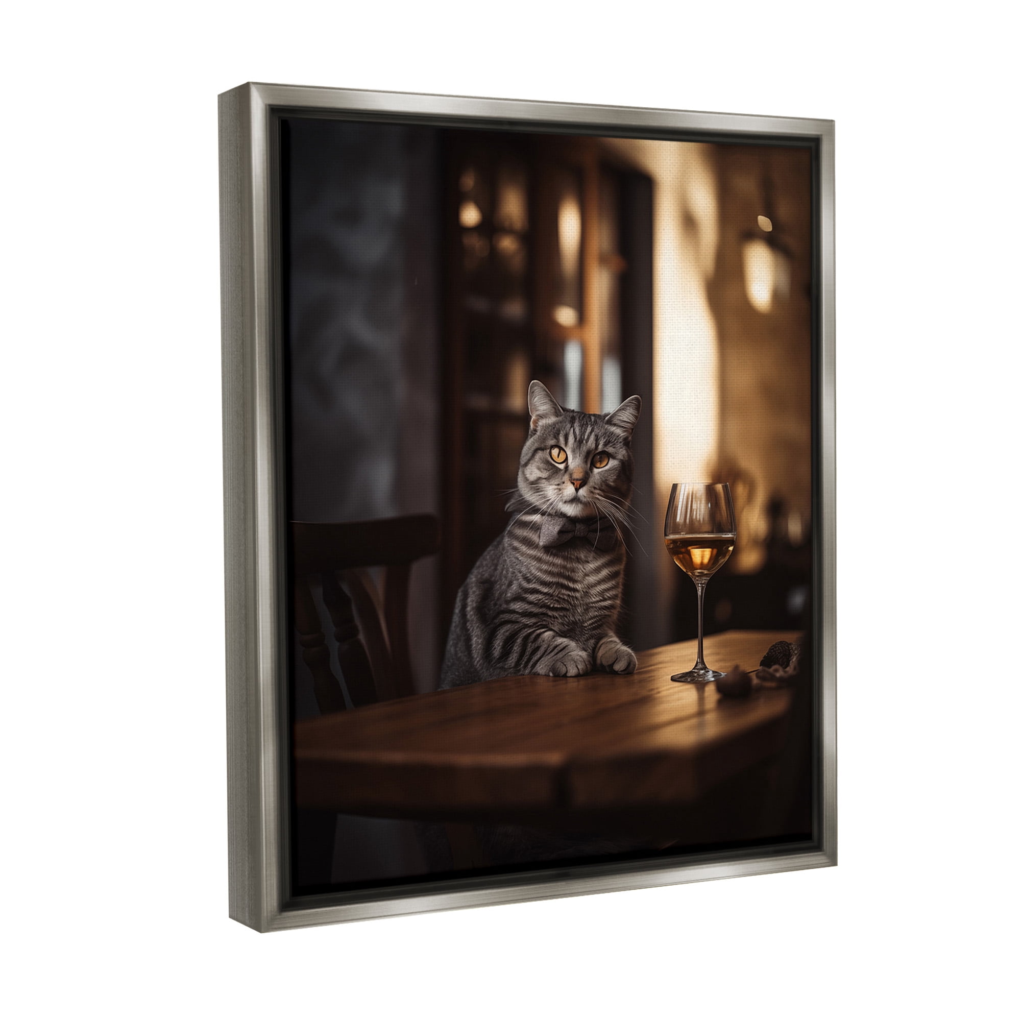 Stupell Industries Classy Cat with Wine Animals & Insects Painting Gray Floater Framed Canvas Art Print Wall Art, 25 x 31