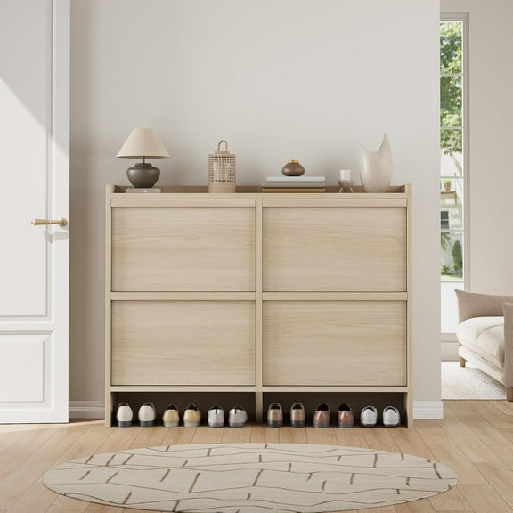 Adjustable Wooden Shoe Organizer Cabinet with 4 Flip Drawers & Drawer, Natural Oak, Entryway Freestanding, Oak