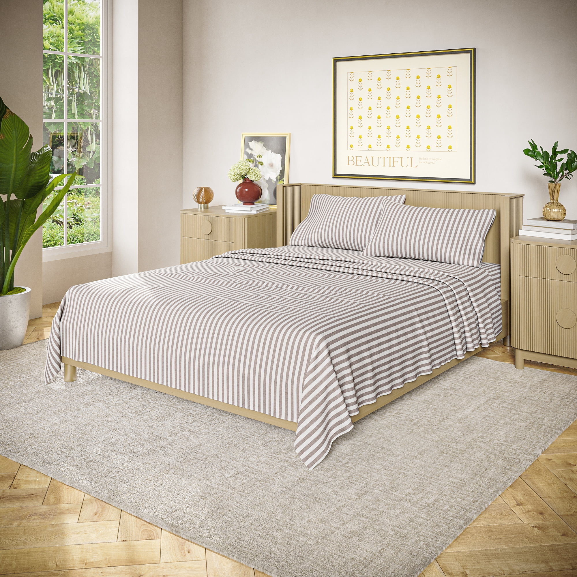 Beautiful Striped 3-Piece 100% Cotton Percale Natural Sheet Set, Twin by Drew Barrymore