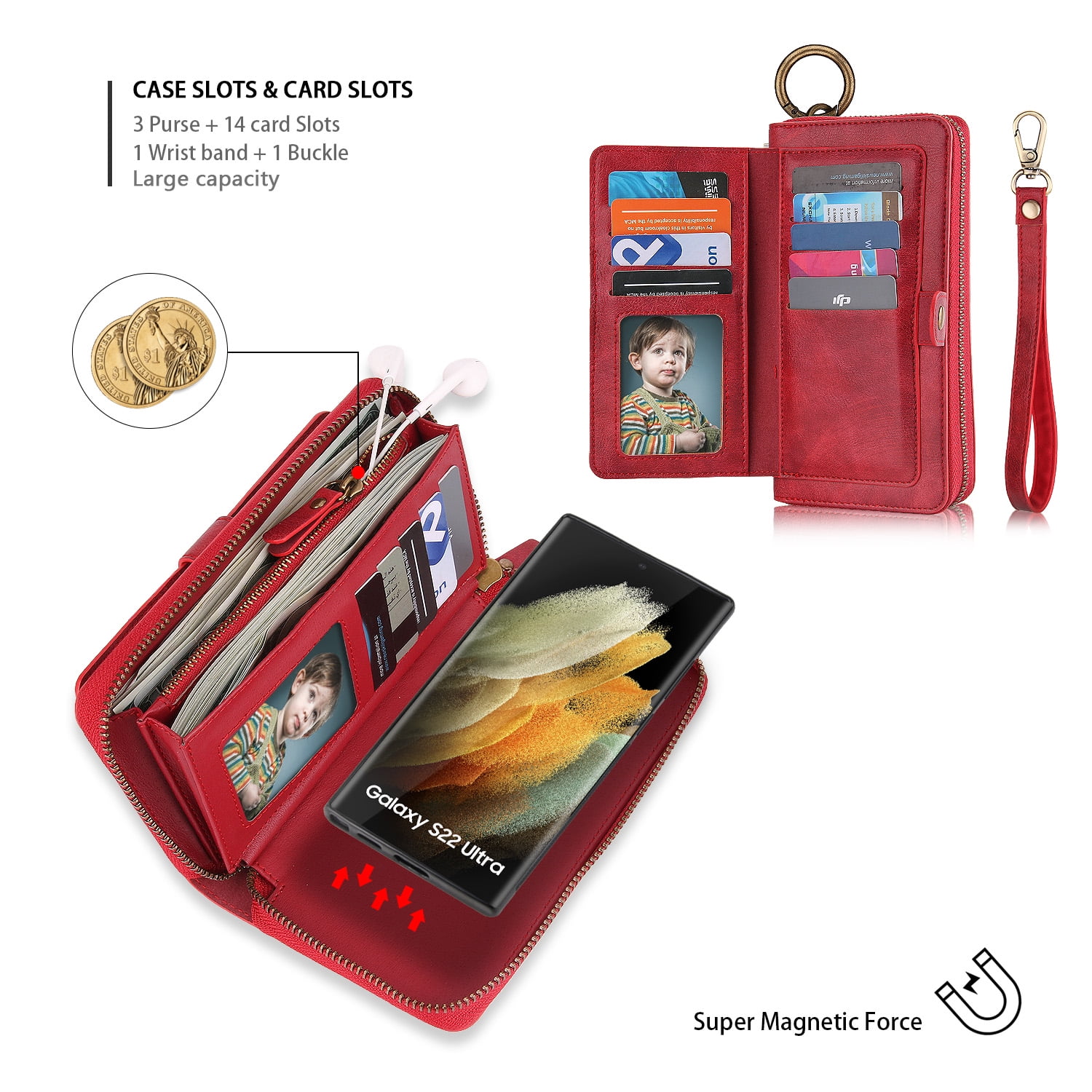 Samsung Galaxy S22 Ultra Leather Flip Case Cover, Galaxy S22 Ultra Zipper Wallet Case for Women and Men, Dteck 14 Card Holder Zipper Pocket Magnetic Detachable Wallet Folio Case Leather Pouch,Red