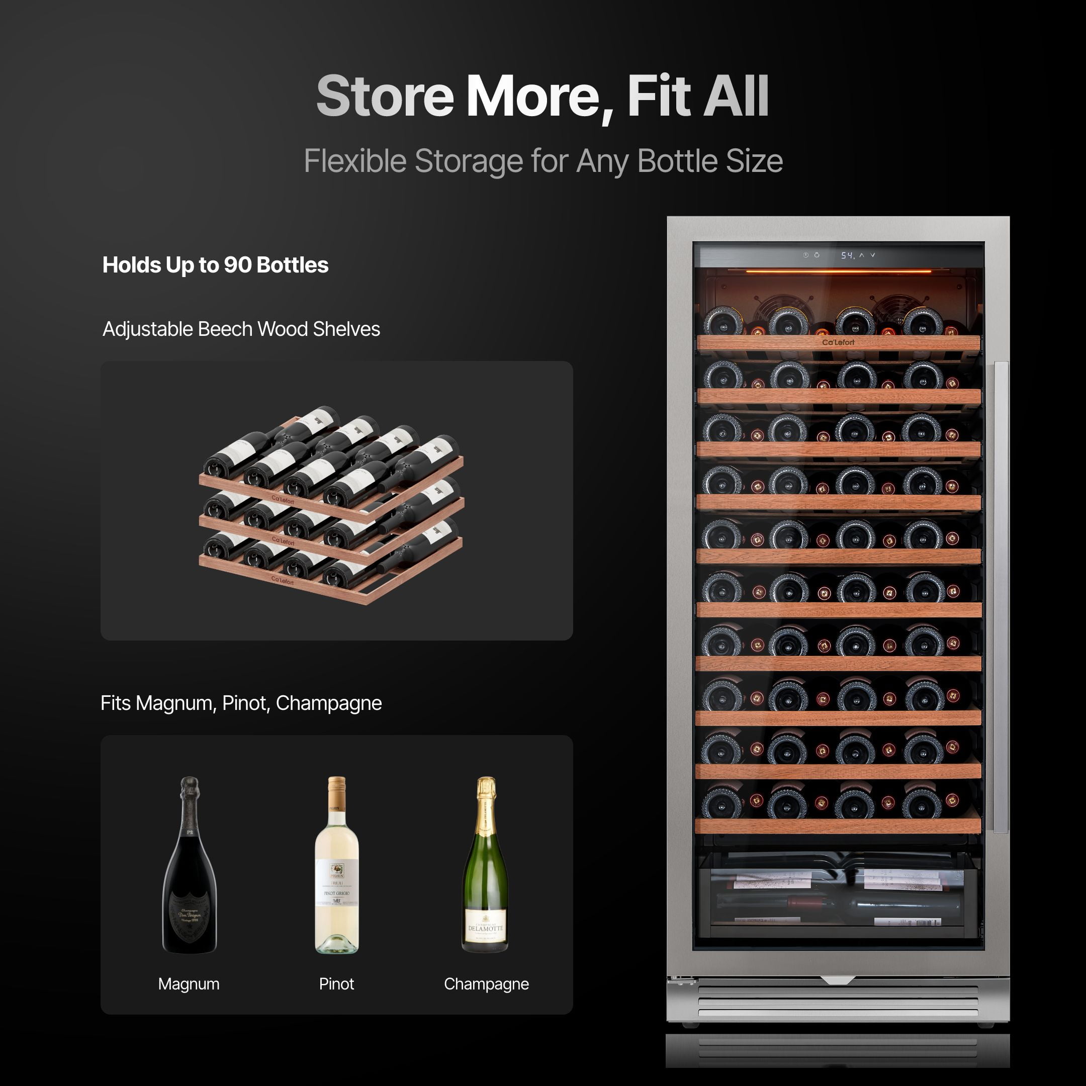 Ca‘lefort 90 Bottle Wine Refrigerator Cooler, 24'' Built-in Wine Fridge with 40-65°F and Double Glass for Home Bar & Hotel