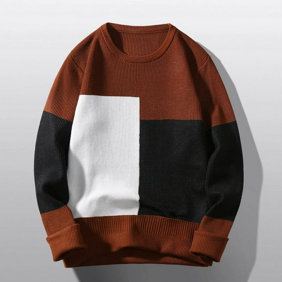 COSFO Long Sleeve Mens Sweaters for Cold Weather Colorblock Crew Neck Ribbed Knit Brown Sweaters Drop Shoulder Mens Pullover Sweater