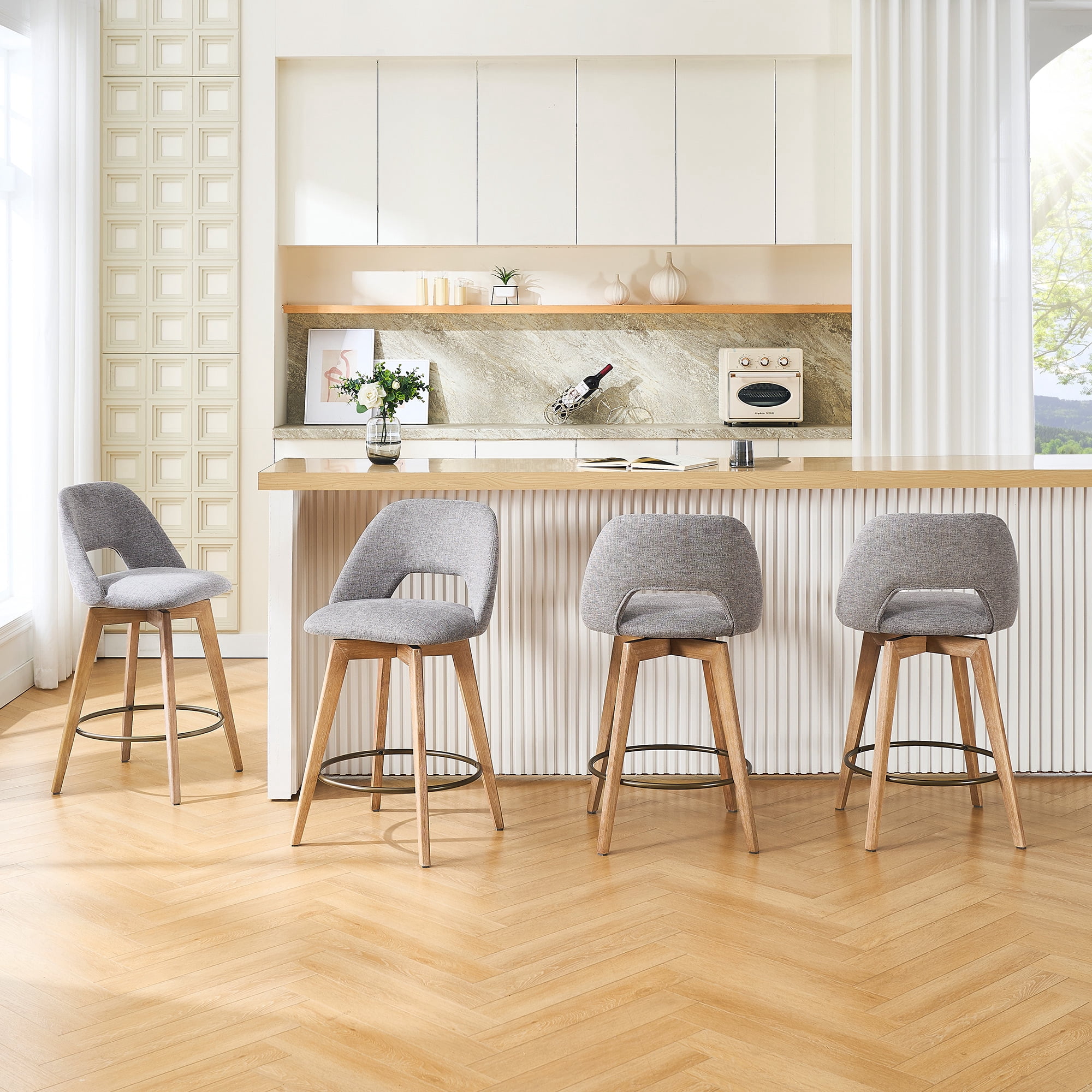 Zesthouse 26.8" Swivel Bar Stools Set of 2, Linen Upholstered Counter Height Stools with Open Back and Brushed Wooden Legs, Mid Century Barstools Kitchen Bar Chairs for 36"-39" Countertop, Gray