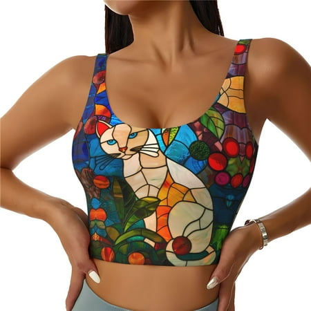 Sports Bras for Women - Stained Glass Cat Art Seamless Yoga Bra Workout Crop Top with Removable Pads