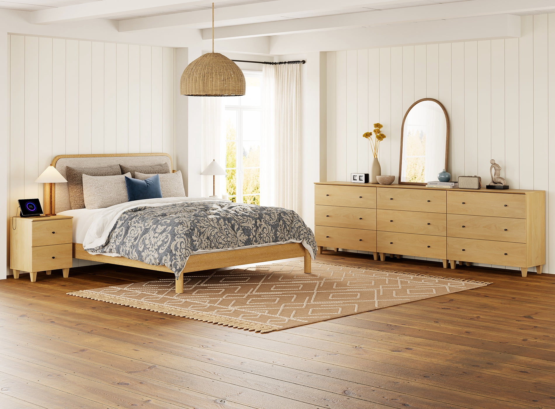 WAMPAT Dresser and Nightstands Set of 5, Wood Dressers with 9 Drawers, 2 Pieces Nightstands with Charging Stations for Living Room, Oak Wood