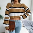 thumbnail image 4 of VSSSJ Women's Crew Neck Casual Striped Color Block Cropped Sweaters Lantern Long Sleeve Loose Waffle Knit Crop Pullover Sweater Khaki M, 4 of 8