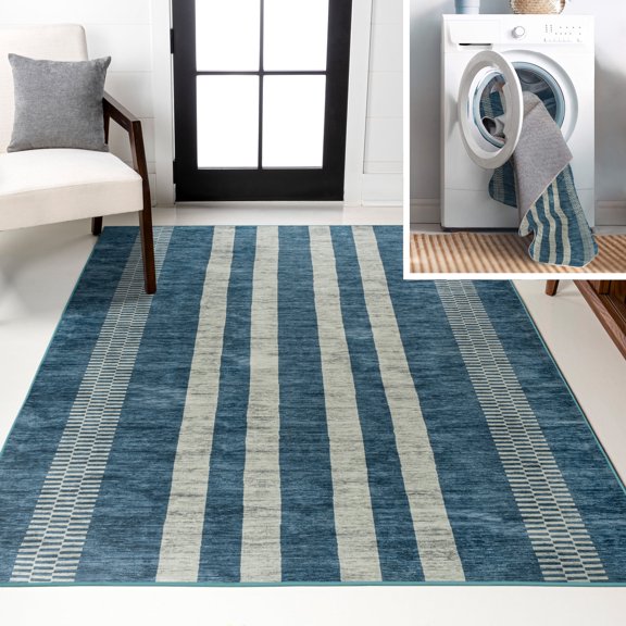 JONATHAN Y WASHABLE 3 x 5 Area Rug, Vichy Geometric Striped - Blue/Cream, WSH122D-3