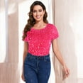 thumbnail image 3 of Women's Short Sleeve Crew Neck All-Over Sequin Embellished Top Stylish Sparkling Blouse - 2X, Fuschia, 3 of 6