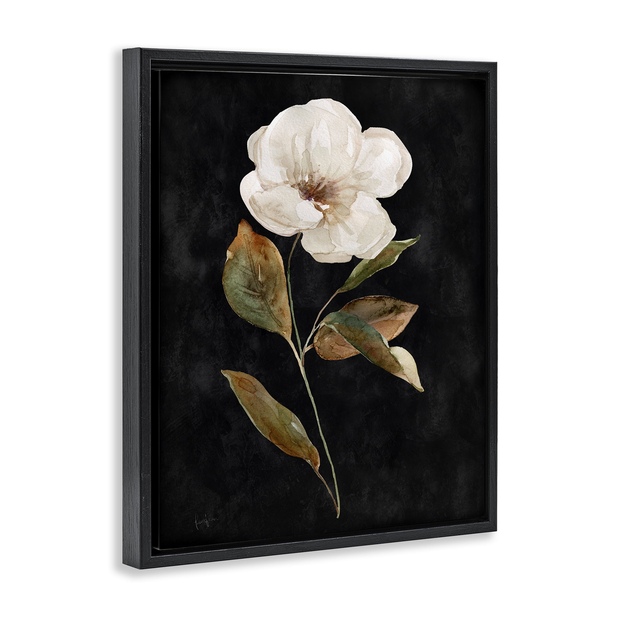 Stupell Industries White Bloom on Black Plants & Flowers Painting Black Floater Framed Canvas Art Print Wall Art, 25 x 31