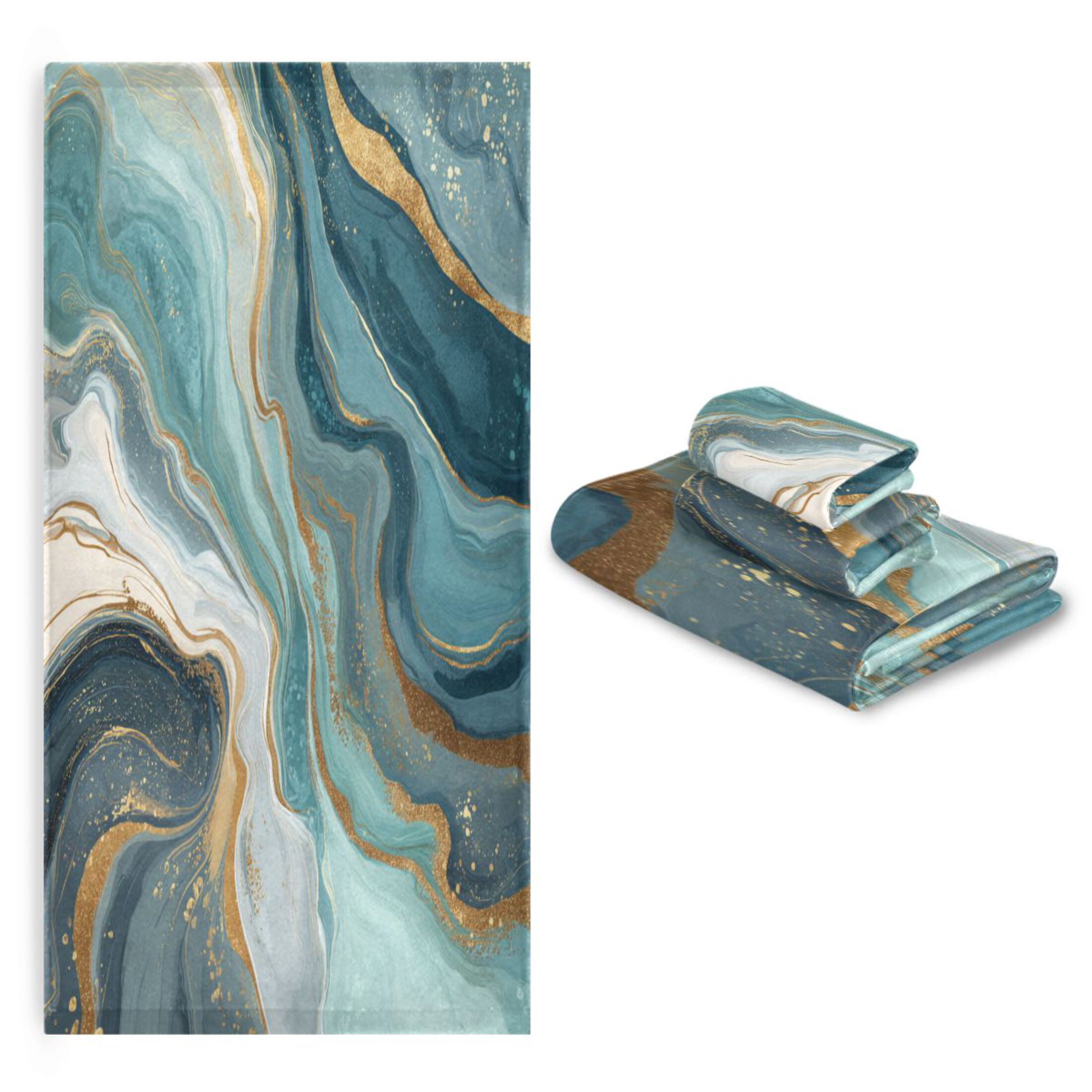 3 Sizes of Towel Sets Including Bath Towel Hand Towel and Washcloth for Daily Use Blue Marbling