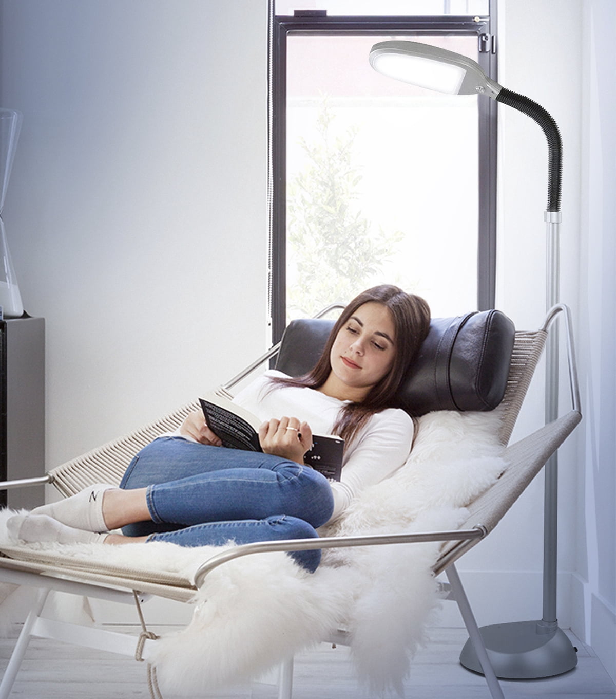 Brightech Litespan - Bright LED Floor Lamp for Crafts and Reading, Estheticians' Light for Lash Extensions, Adjustable Gooseneck Standing Lamp for Living Room, Bedroom and Office - Silver