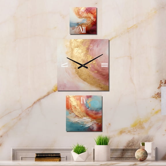 Designart "Desert Mirage Spiral in Gold and Pink" Abstract Spirals Multipanel Clock For Living Room Décor - Large Contemporary Wall Clock - Oversized Gold Wall Clock - Set Of 3
