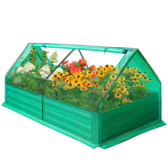 3-In-1 Galvanized Raised Garden Bed With Cover Metal Planter Box Kit, 2 Zippers Windows, Double-Sided Galvanized Metal, Open-Ended Base, 6x3x1′ Greenhouse for Blueberries, Oregano, Backyard Gardens