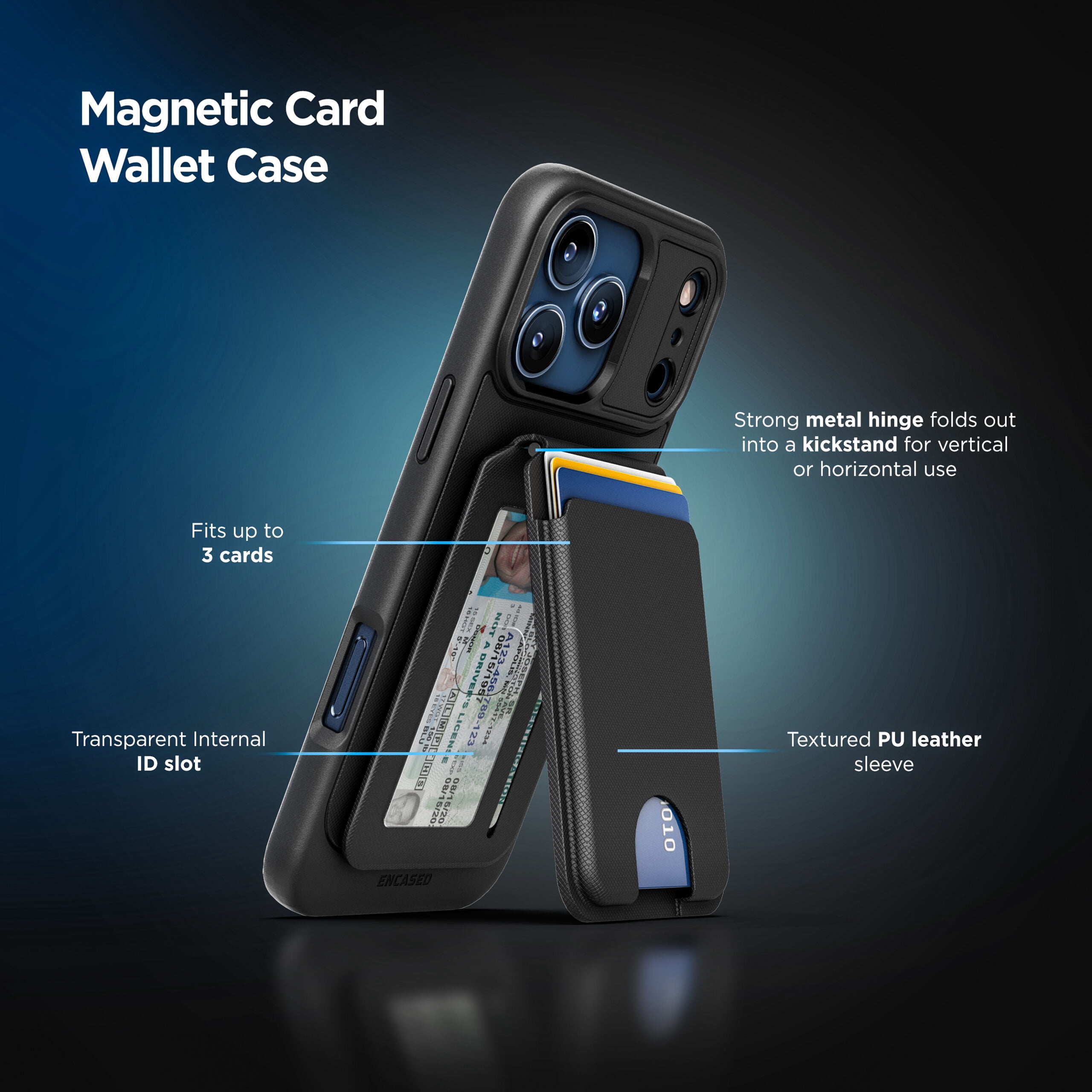 Encased for iPhone 17 Pro Wallet Case with Removable Magnetic Hinged Card Holder and Stand (Compatible with MagSafe) Black