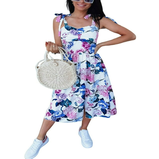 Robe Sans Manches Florale avec Bandage Bretelles Spaghetti et Split Design pour les Femmes