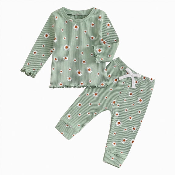 Ccpelsie Toddler Clothes for Girls Flower Fall Winter Outfits Stripes Waffle Sweatshirt Pullover Cute Pants Set(Green,3-4 Years)