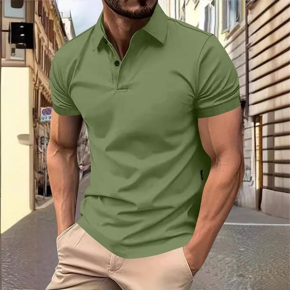 Otvok Men's Shirt Casual Fashion Solid Color Lapel T-shirt Short Sleeved Round Neck Tops