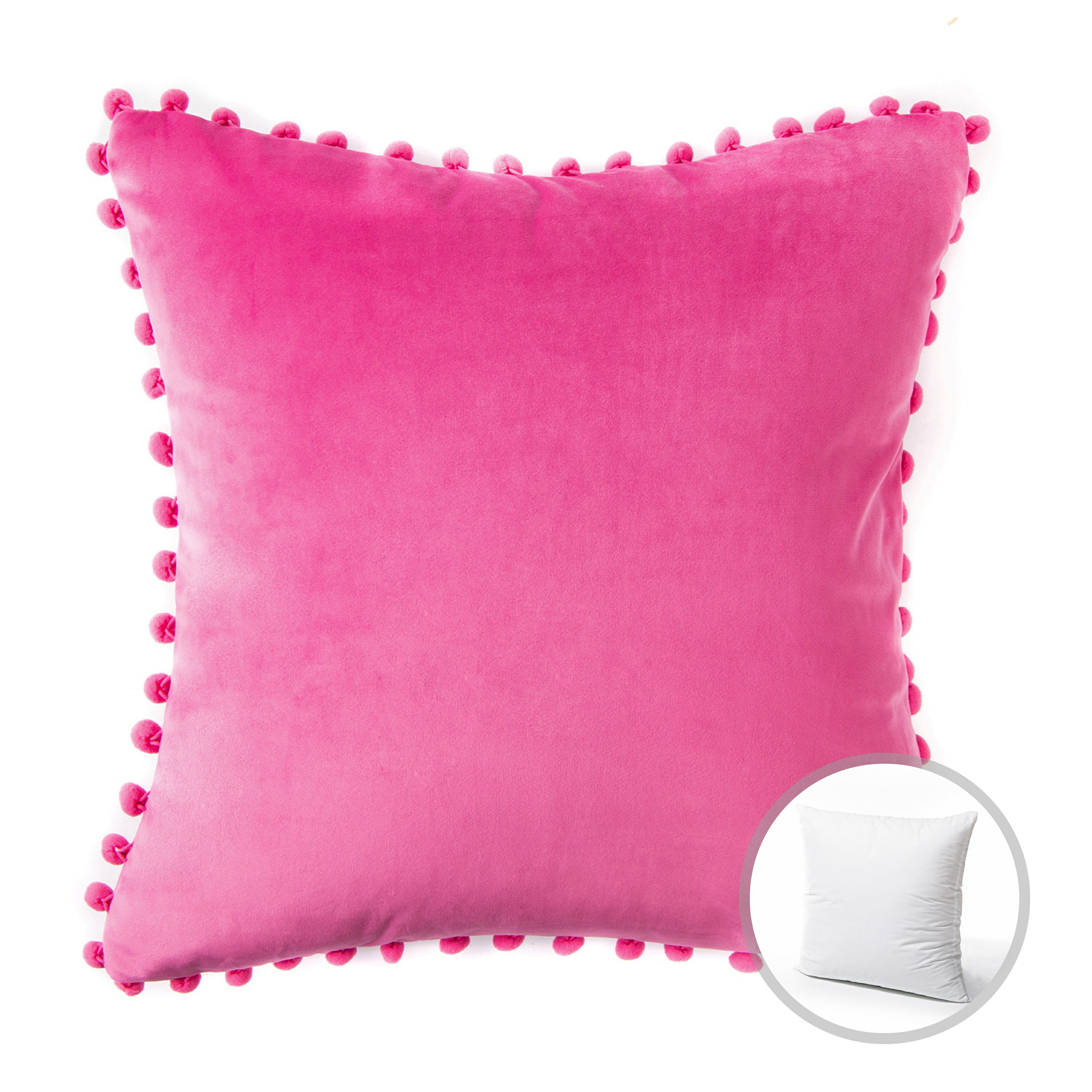 Phantoscope Designer's Choice Decorative Throw Pillow Set, Fluffy Faux Fur & Pom Pom Velvet Bundle, for Sofa Couch Bedroom, 18" x 18", White Fur and Pink Velvet, 2 Pack