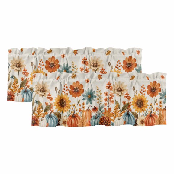 Fall Flowers Valances for Windows 2 Pack, Orange Blue Floral Pumpkins Maple Leaf Harvest Linen Window Valance Curtains for Kitchen, Rod Pocket Short Curtains for Bathroom Bedroom Decor, 54" x 18"