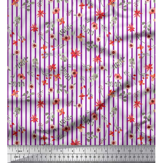 Soimoi Purple Cotton Voile Fabric Leaves & Floral Stripe Print Fabric by Yard 42 Inch Wide