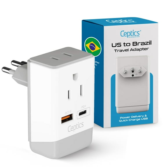 Ceptics Brazil Rio Power Plug Adapter Travel QC 3.0 & PD, Safe Dual USB & USB-C - 2 USA Socket Compact & Powerful - Supports Quick Charge 3.0 & Power Delivery - Type N AP-11C - Fast Charging
