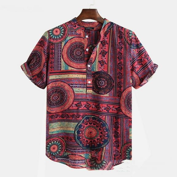 Njoeus Mens Shirts Tshirts Shirts For Men Mens Casual Hawaiian Shirts Vintage Print Short Sleeve Button Up Shirts Cotton T-Shirts Men Beach Summer Shirts Work Shirts For Men On Clearance