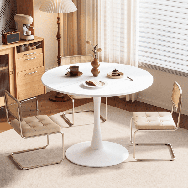 Round Tulip Dining Table, 39.4 Inch Dining Table for 4 People, Melamine Laminated MDF Tabletop with Metal Pedestal Base, Easy Assembly Kitchen Dinner Table for Dining Room, Home, Apartment, White