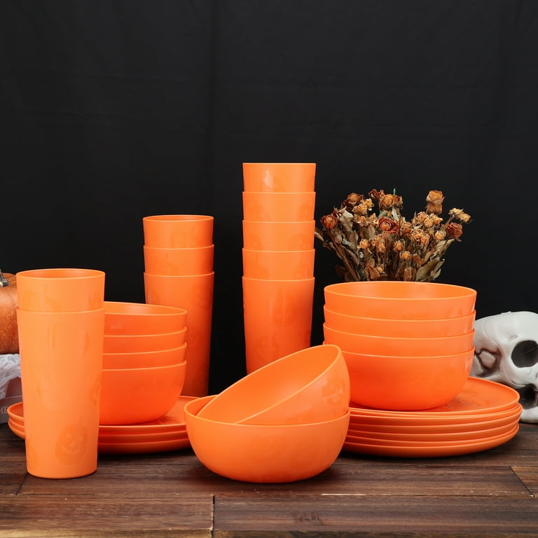 Mainstays 30-Piece Plastic Etched Pumpkin Dinnerware Set, Orange