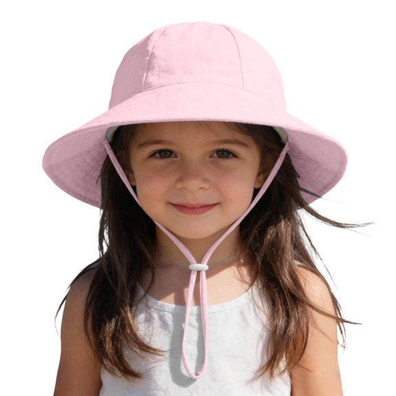 Baby Cotton Sun Hat UPF 50 Sun Protection Kid Bucket Hat Summer Beach Hats with Wide Brim for Boys & Girls with Adjustable Chin Pink 1-2 Years