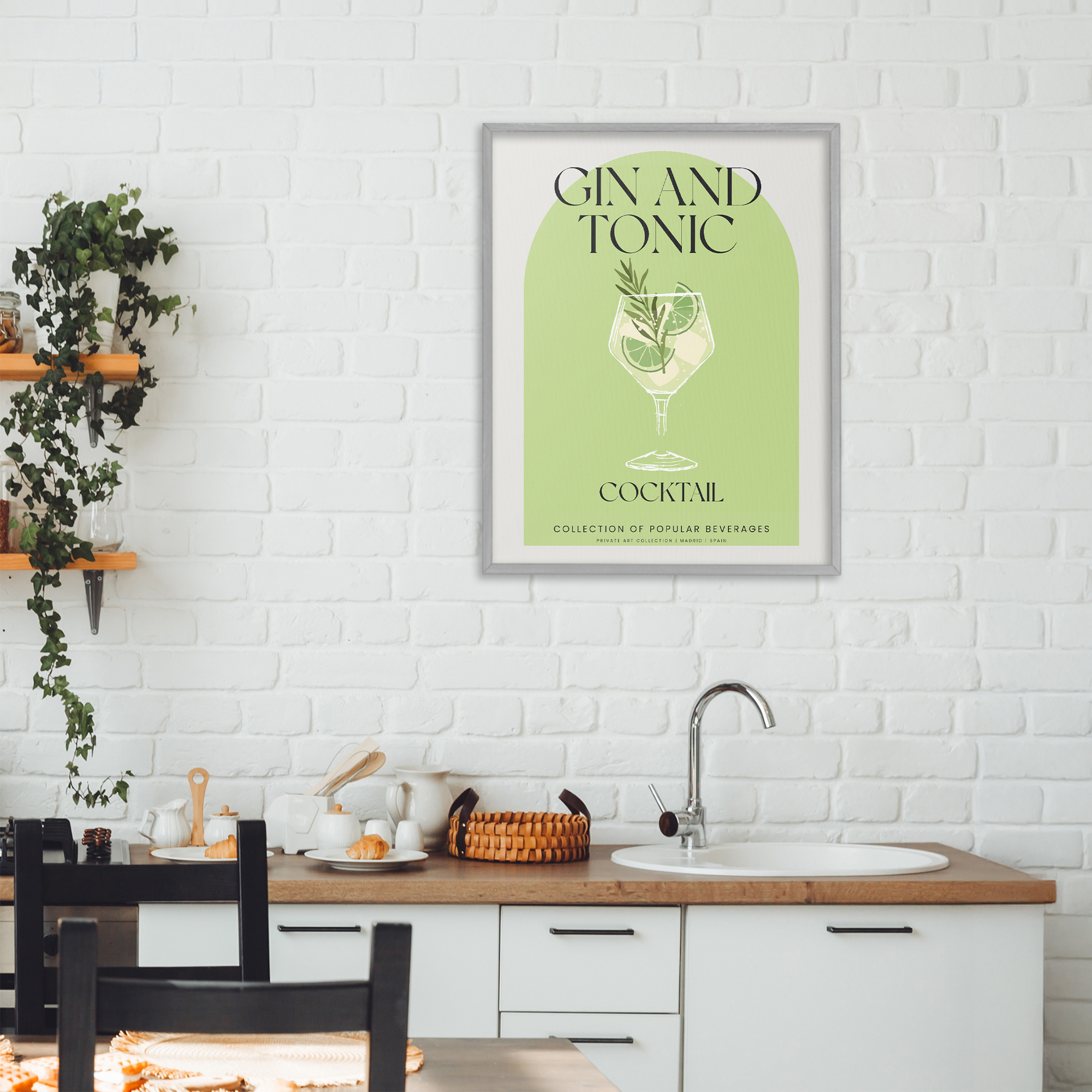Stylish Retro Gin & Tonic Gray Framed Giclee Art, design by Lil' Rue