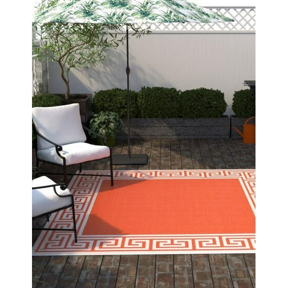 Unique Loom Outdoor Coastal Collection Area Rug - Caye (7' 10" Square Rust Red/Ivory)
