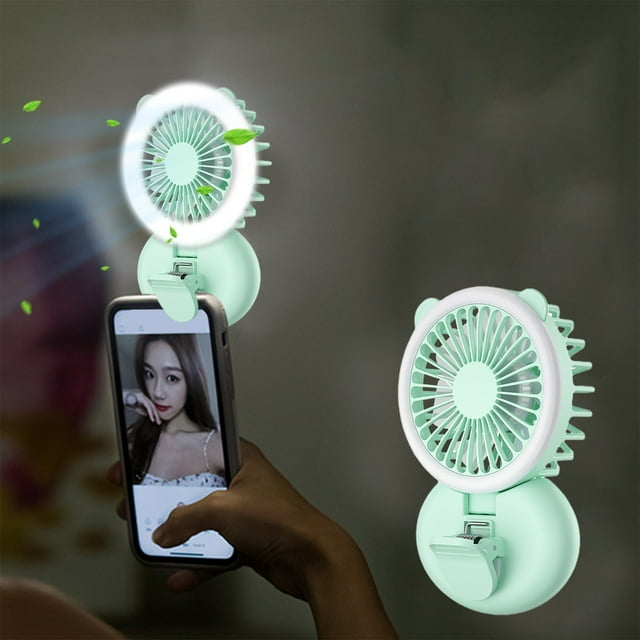 Portable Desk Fan With Its Own Auxiliary Light Foldable Clip For Hanging Around The Neck USB Rechargeable Folding Mini Fan 3 Wind Power Speeds 3 Lights