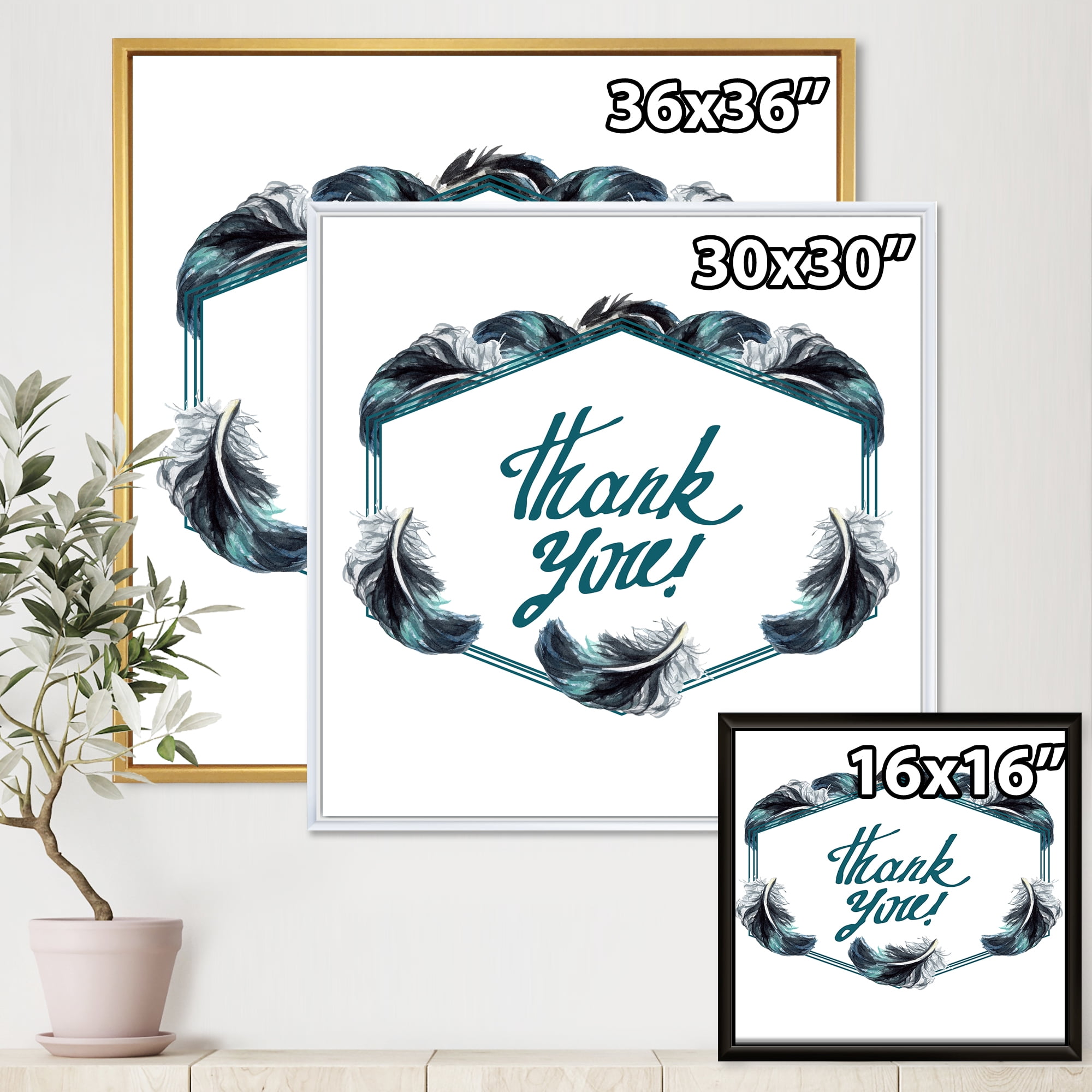 Designart 'Black Boho Art Feathers Thank You' Bohemian & Eclectic Framed Canvas Wall Art Print