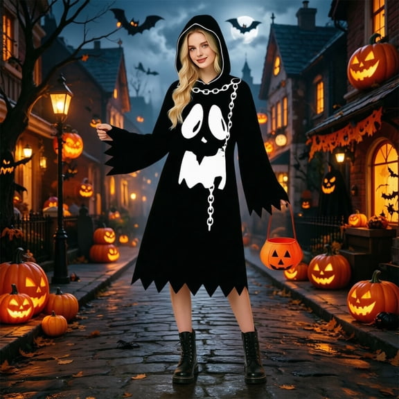 FASHOFT Adult White Ghost Halloween Costumes Face Print Cape Cloak Cosplay Outfit Theme Party Masquerade Dress Up Halloween Costume One Size