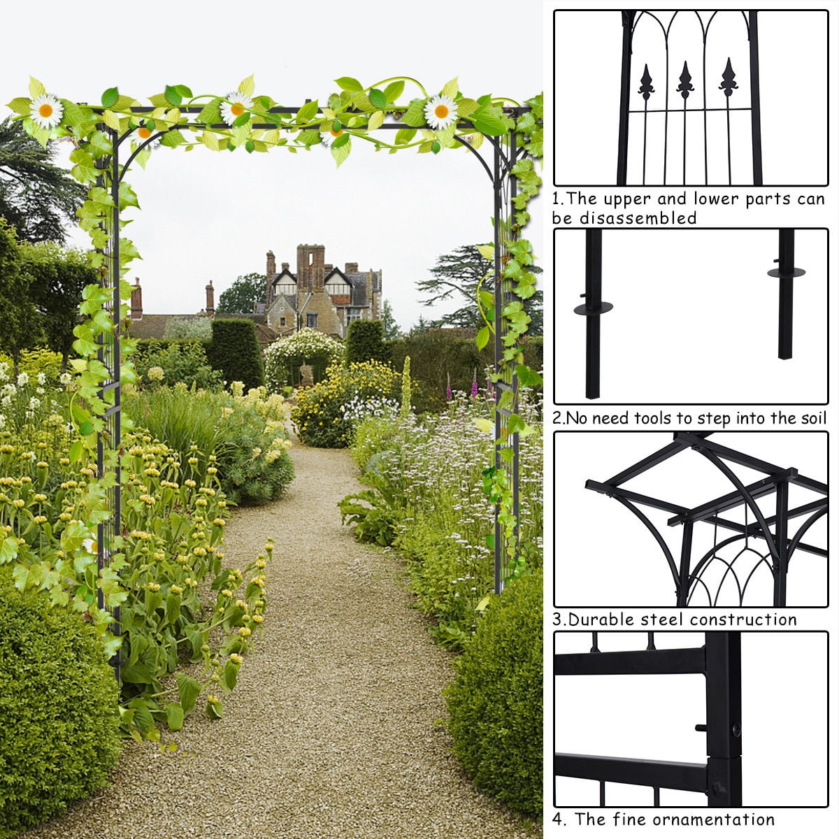 Kinbor Garden Arches and Arbors Outdoor Black Metal Arbor for Climbing Plants Vines Roses Wedding Archway 