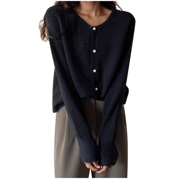 Lixiuxyad Light Knit Cardigans for Women Solid Color Round Neck Pearl Buckle Knitted Cardigan Women's And Versatile Top Long Sleeve Women's Spring And Autumn