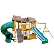 KidKraft Adventure Bend Wooden Swing Set / Playset with Slides, Rock Wall and Bench