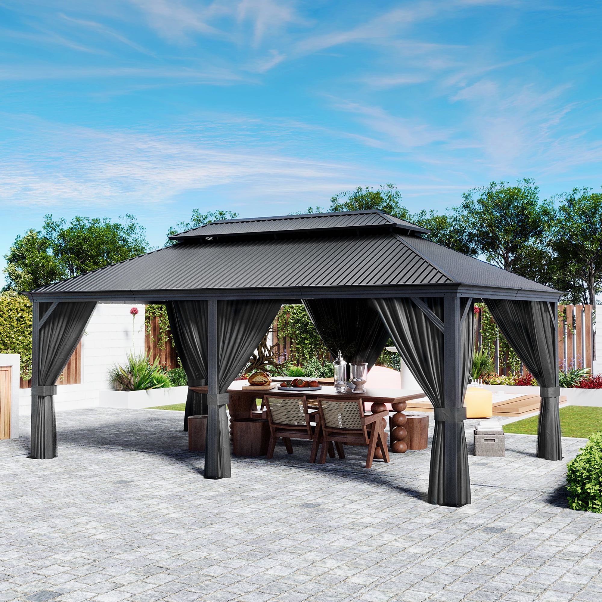 12 ft. x 20 ft. Double Roof Hardtop Aluminum Patio Gazebo with Netting ...