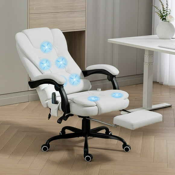 Vinsetto Massage Office Chair, Linen Fabric Desk Chair w/ Footrest, White
