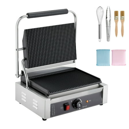 KFFKFF Commercial Panini Grill, 1800W Electric Sandwich Maker, Stainless Steel Press with Handle and Temperature Control, 13.5x9.3 in Fully Grooved Enamel Plate, Ideal for Burgers, Steaks, and Bacon