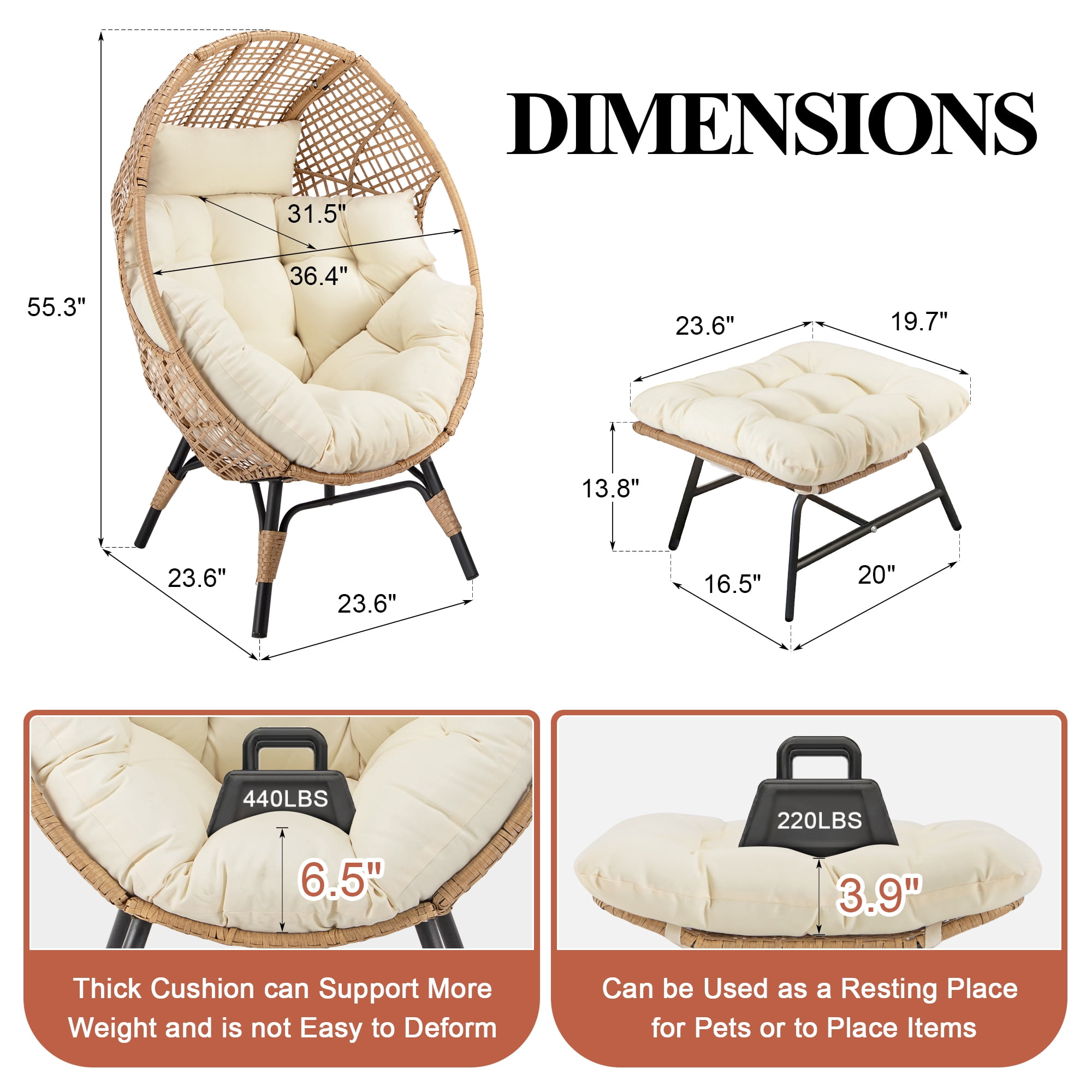 RADIATA Oversized Wicker Egg Chair with Ottoman, Rattan Lounge Chair for Indoor Outdoor Patio, 420lbs Capacity