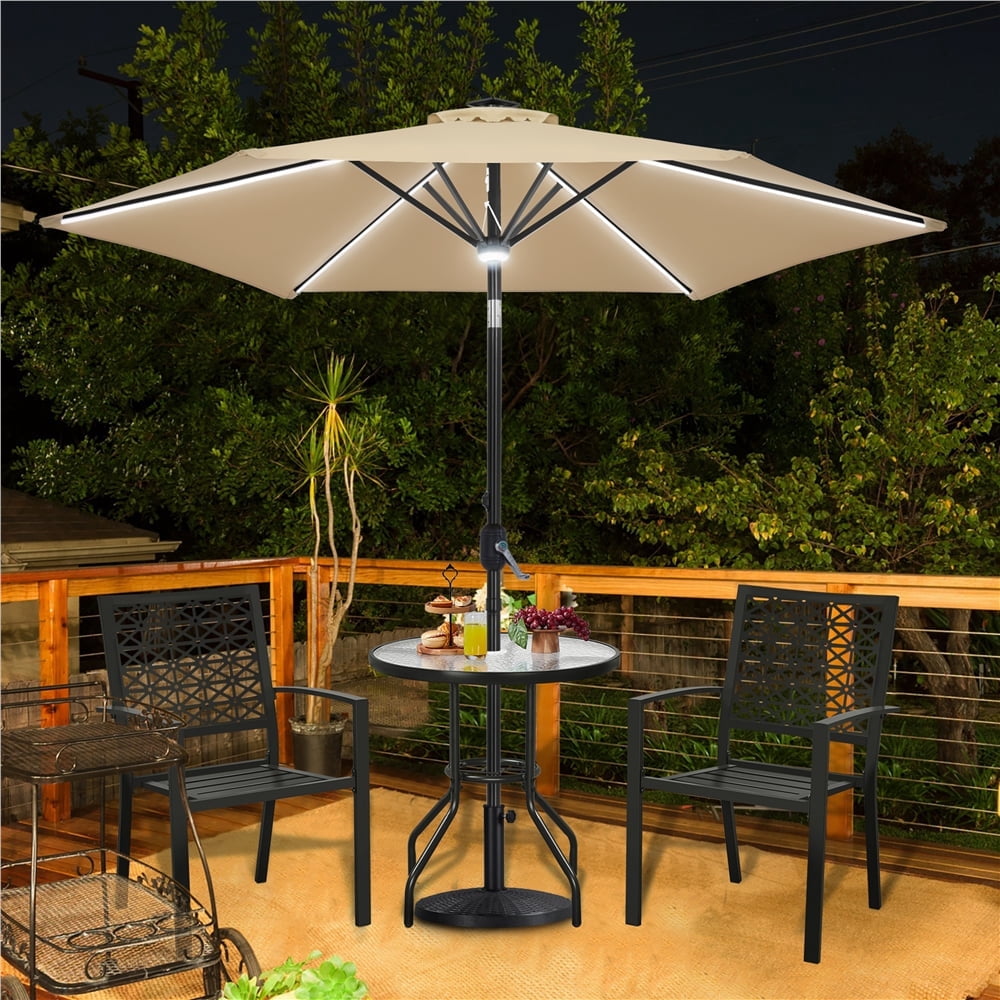 Yaheetech 9ft Patio Umbrella with Solar Powered LED Lights Strips and Central Light, Tan