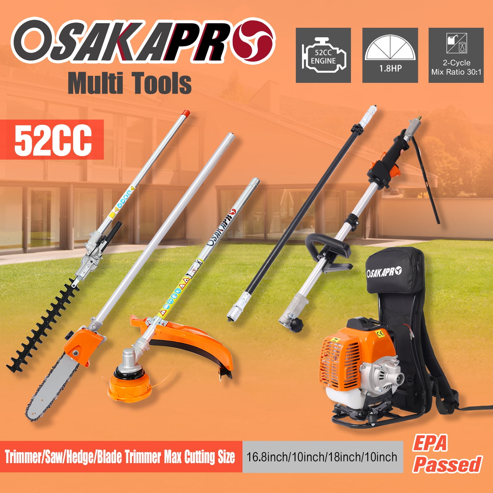 52CC 2-Cycle Gas Powered Weed Eater, iRerts Backpack 4 in 1 Multi-Functional String Trimmer with Gas Pole Saw, Hedge Trimmer, Grass Trimmer, Brush Cutter, Lawn Trimmer for Grass Garden Yard