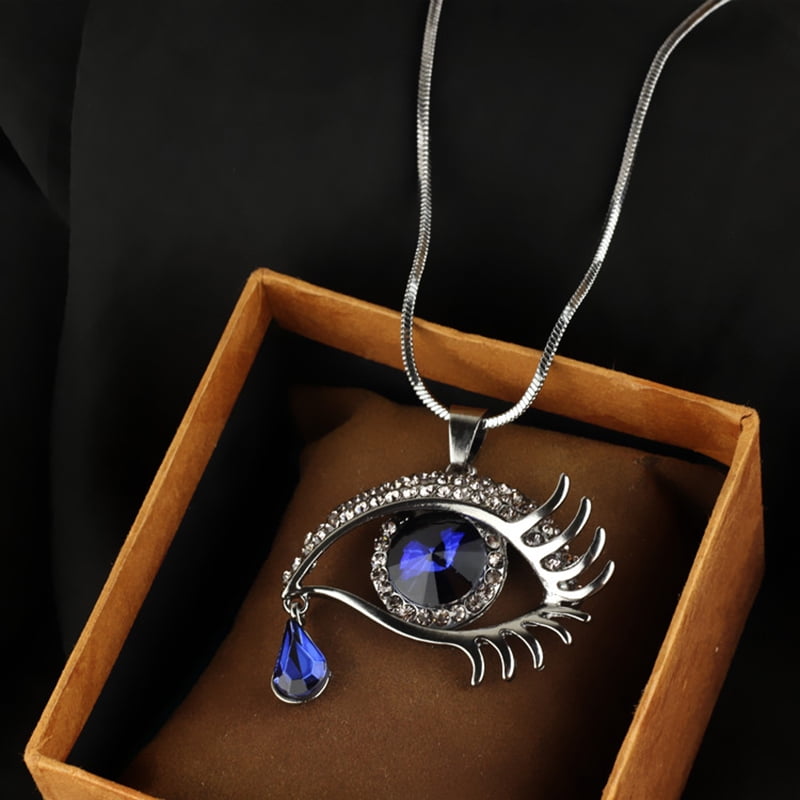 Blue Eye Tear Drop Black Snake Sweater Chain Rhinestone Pendant Necklace Jewelry 