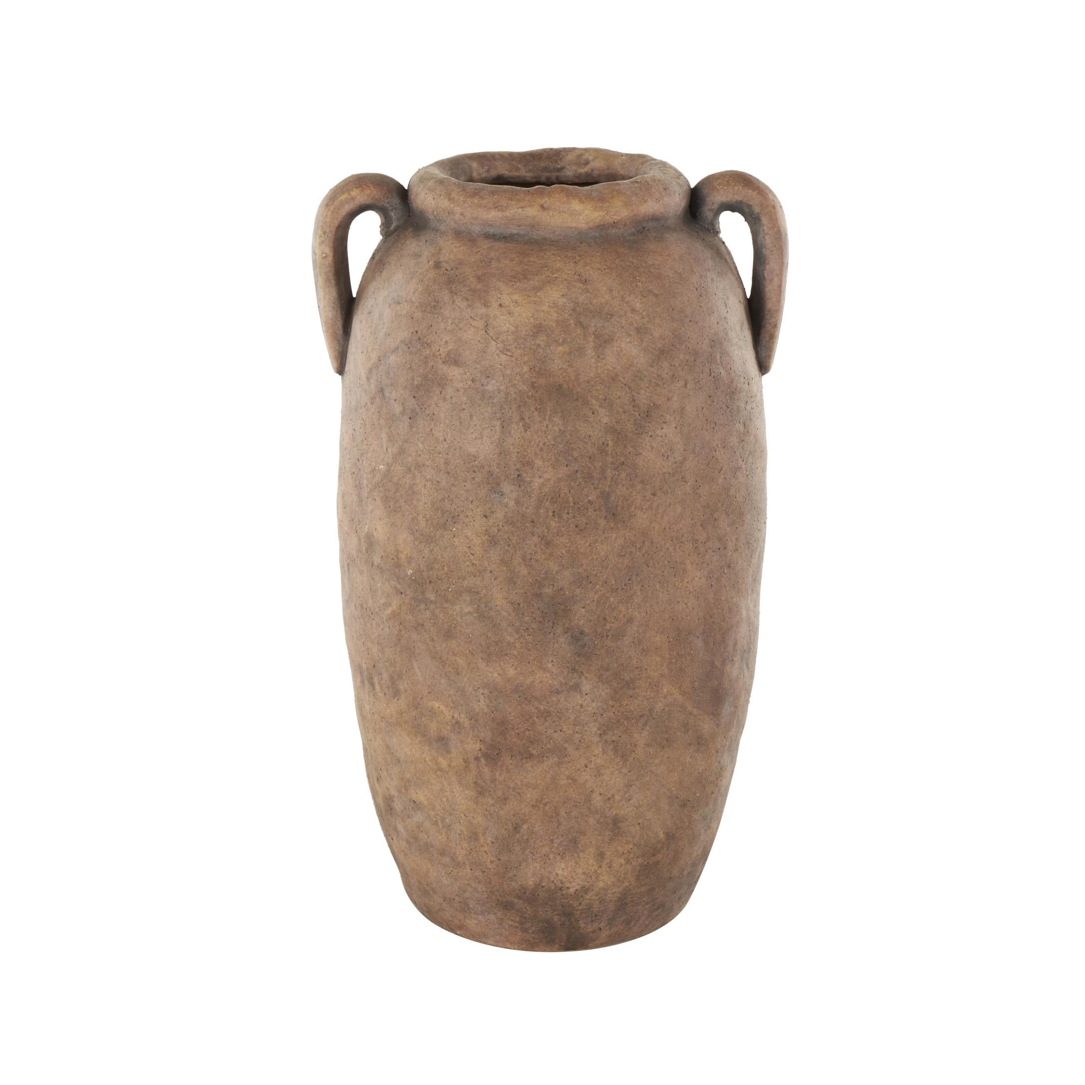 DecMode 17" Antique Style Textured Brown Ceramic Vase with Handles