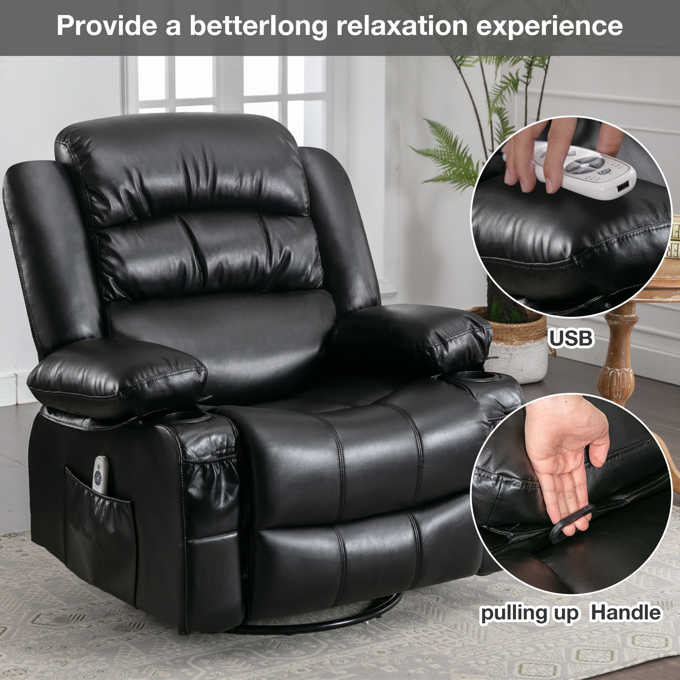 UHOMEPRO Massage Swivel Rocker Recliner Chair, PU Leather Rocking Sofa Home Recliner with Side Pockets Cup Holder and USB Charge Port, 360-degree Rotation, 30-degree Rocking, Black