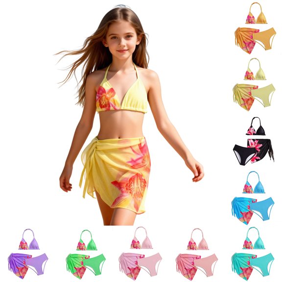 Girls 3 Piece Swimsuit Floral Print Backless Halter Neck Beach Swimwear Bikini for Girls Size 7-12 Years