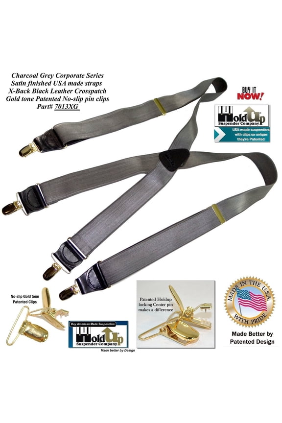 Hold Suspender Company's Dark Charcoal Gray Satin Finished Corporate Series  X-back Suspenders with Gold-tone  Clips