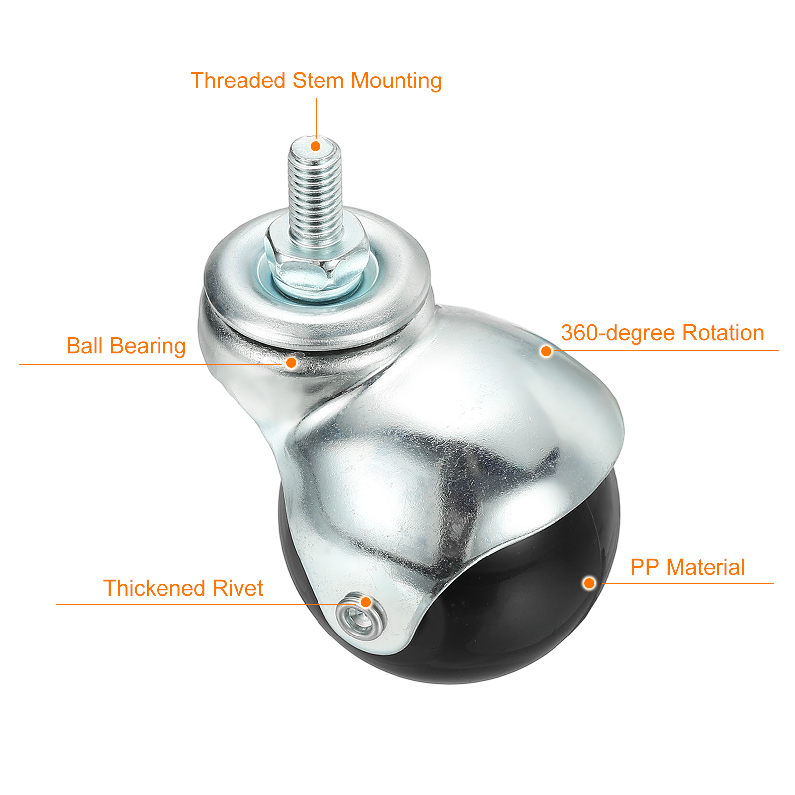 Uxcell 2" Ball Caster Wheels, 4 Pcs Threaded Stem Caster 360 Degree Movable Rotatable Caster Wheels Brake for Furniture,Galvanized